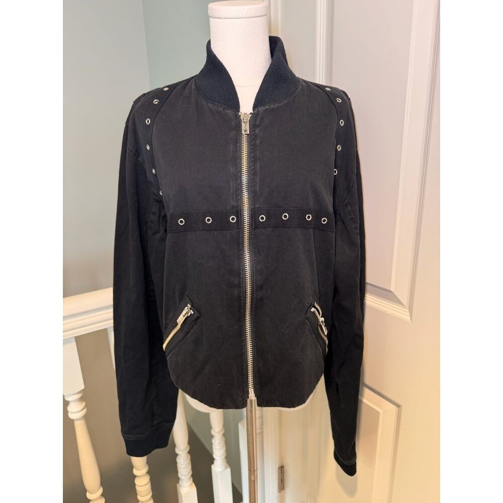 Vtg Tripp NYC Black Grommet Bomber Jacket Goth Punk Zip Cotton Moto Cropped Sz L